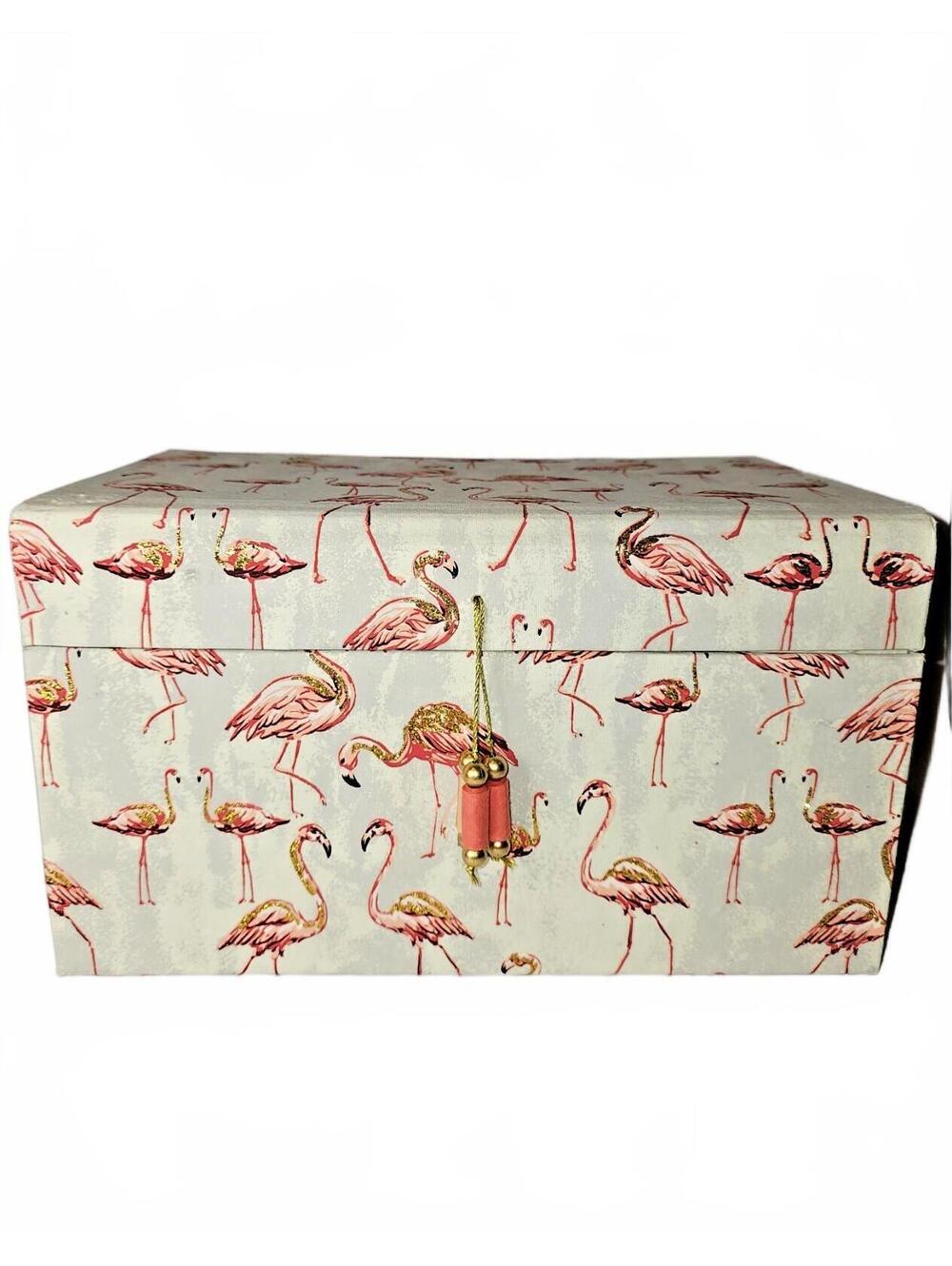 Decorative Flamingo Pattern Storage Box with Lid and Tassel Closure